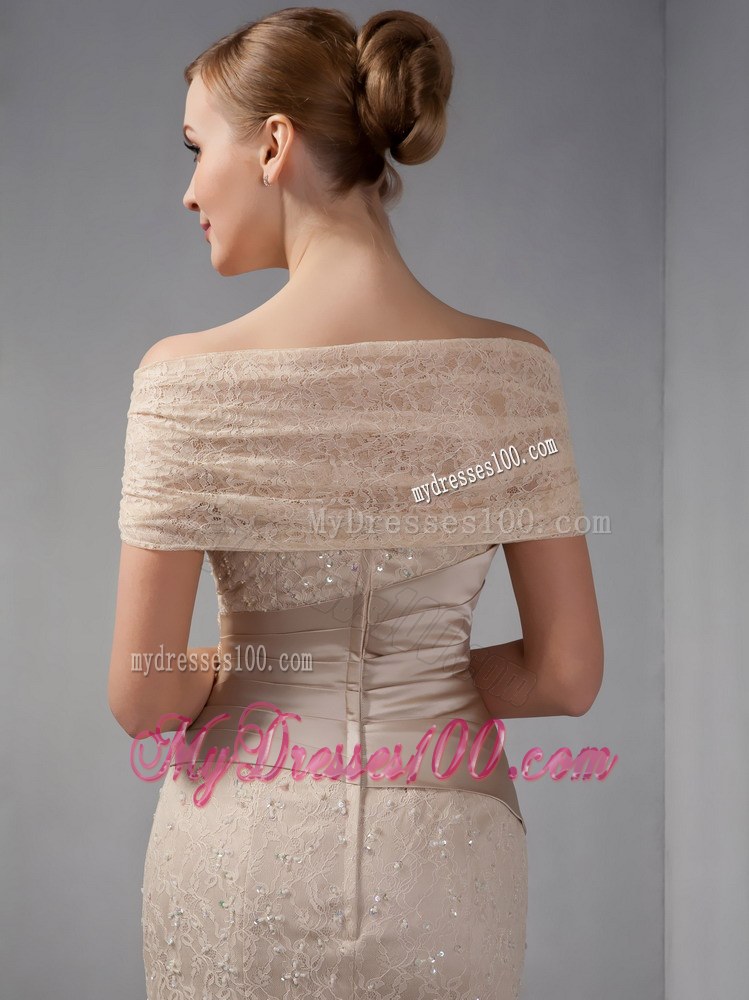 Champagne Mermaid Wedding Guest Dress off the Shoulder Beading Floor-length Lace