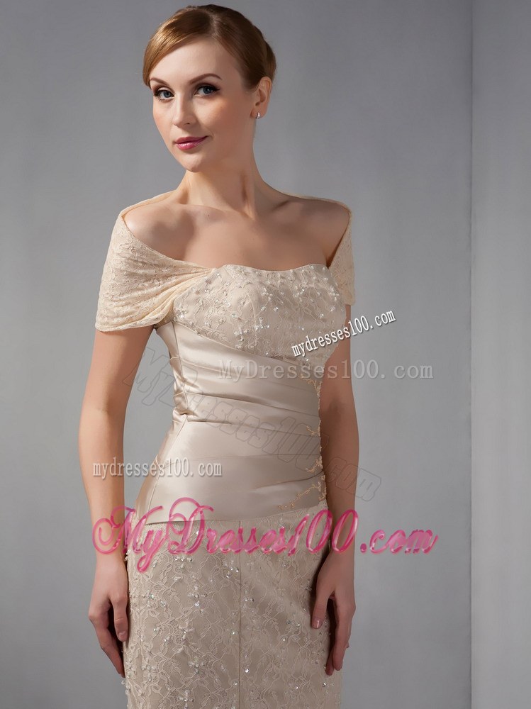 Champagne Mermaid Wedding Guest Dress off the Shoulder Beading Floor-length Lace
