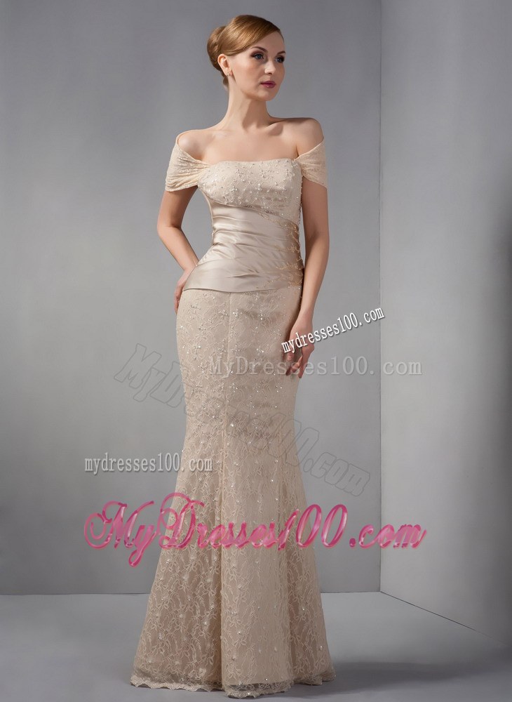Champagne Mermaid Wedding Guest Dress off the Shoulder Beading Floor-length Lace
