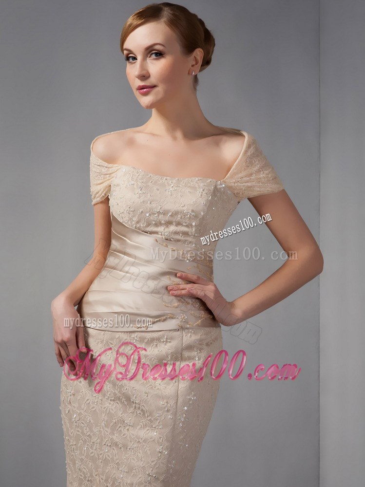 Champagne Mermaid Wedding Guest Dress off the Shoulder Beading Floor-length Lace