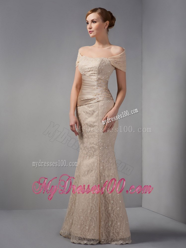 Champagne Mermaid Wedding Guest Dress off the Shoulder Beading Floor-length Lace