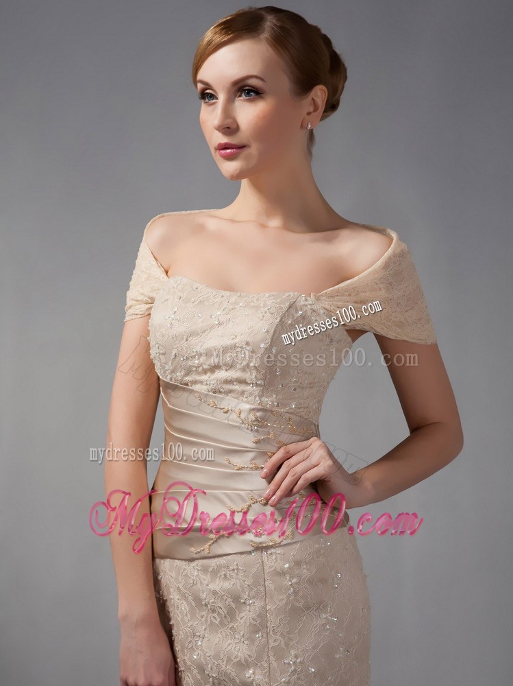 Champagne Mermaid Wedding Guest Dress off the Shoulder Beading Floor-length Lace