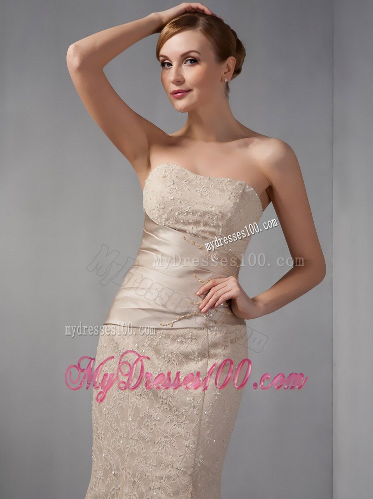 Champagne Mermaid Wedding Guest Dress off the Shoulder Beading Floor-length Lace