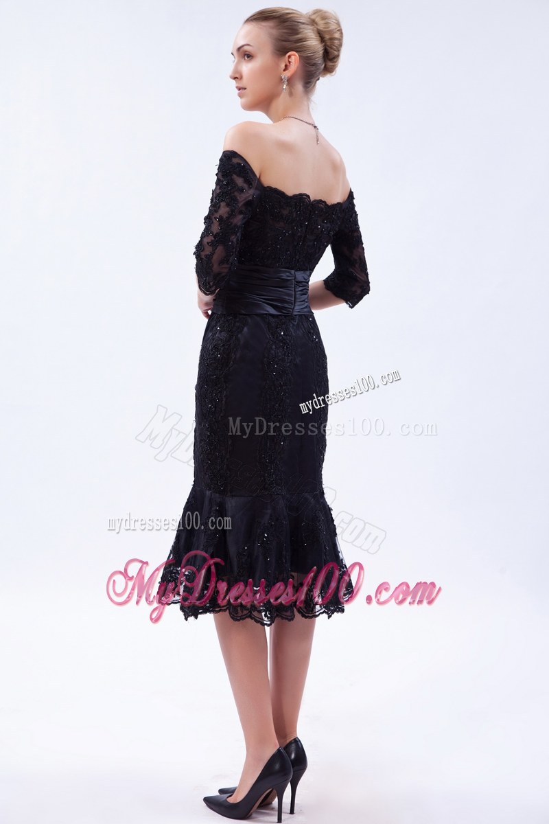 Black Half Length Sleeves Off the Shoulder Tea-length Lace Beaded Wedding Guest Dress