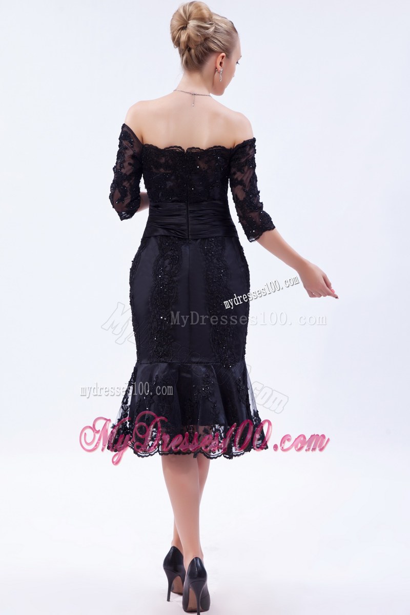 Black Half Length Sleeves Off the Shoulder Tea-length Lace Beaded Wedding Guest Dress
