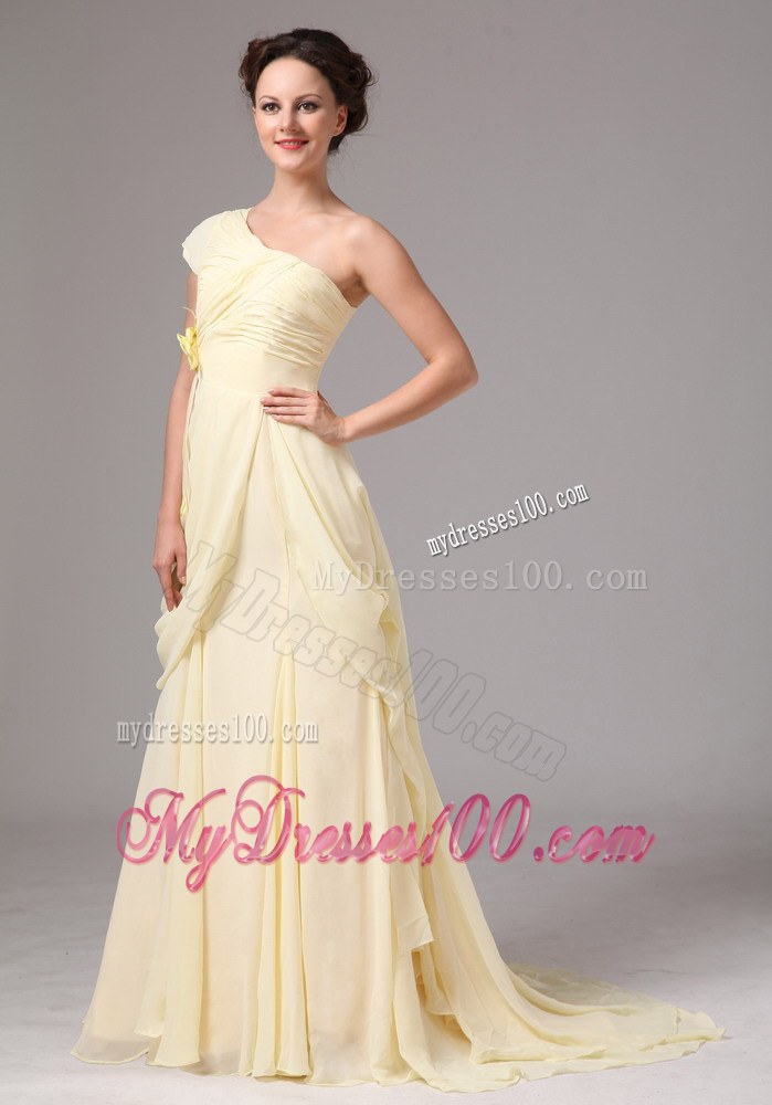 One Shoulder Hand Made Flower Brush Train Light Yellow Mother of Bride Dress