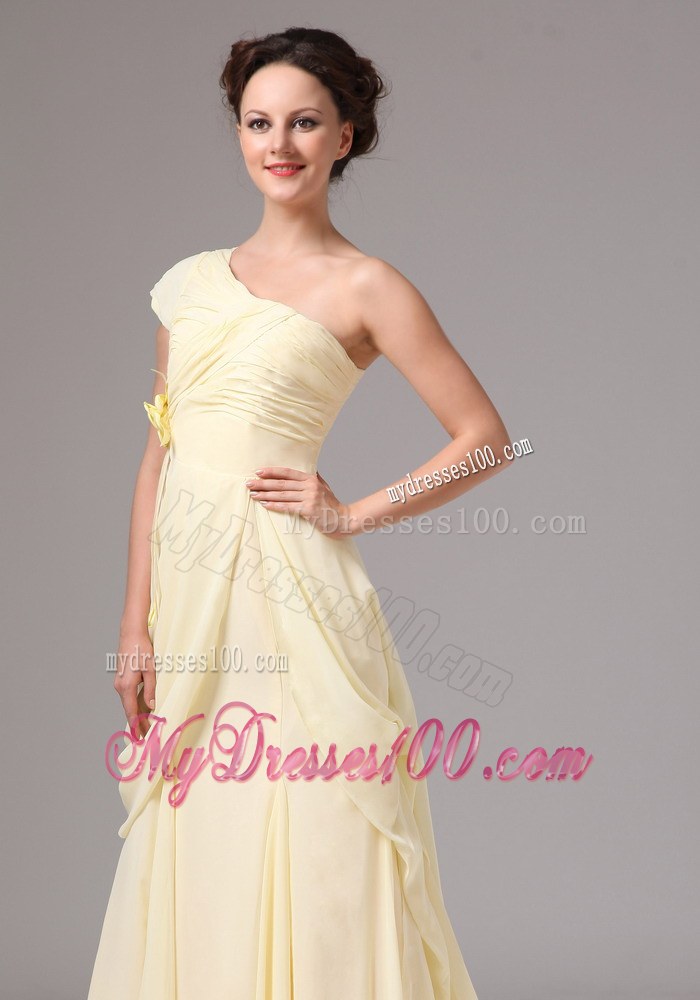 One Shoulder Hand Made Flower Brush Train Light Yellow Mother of Bride Dress
