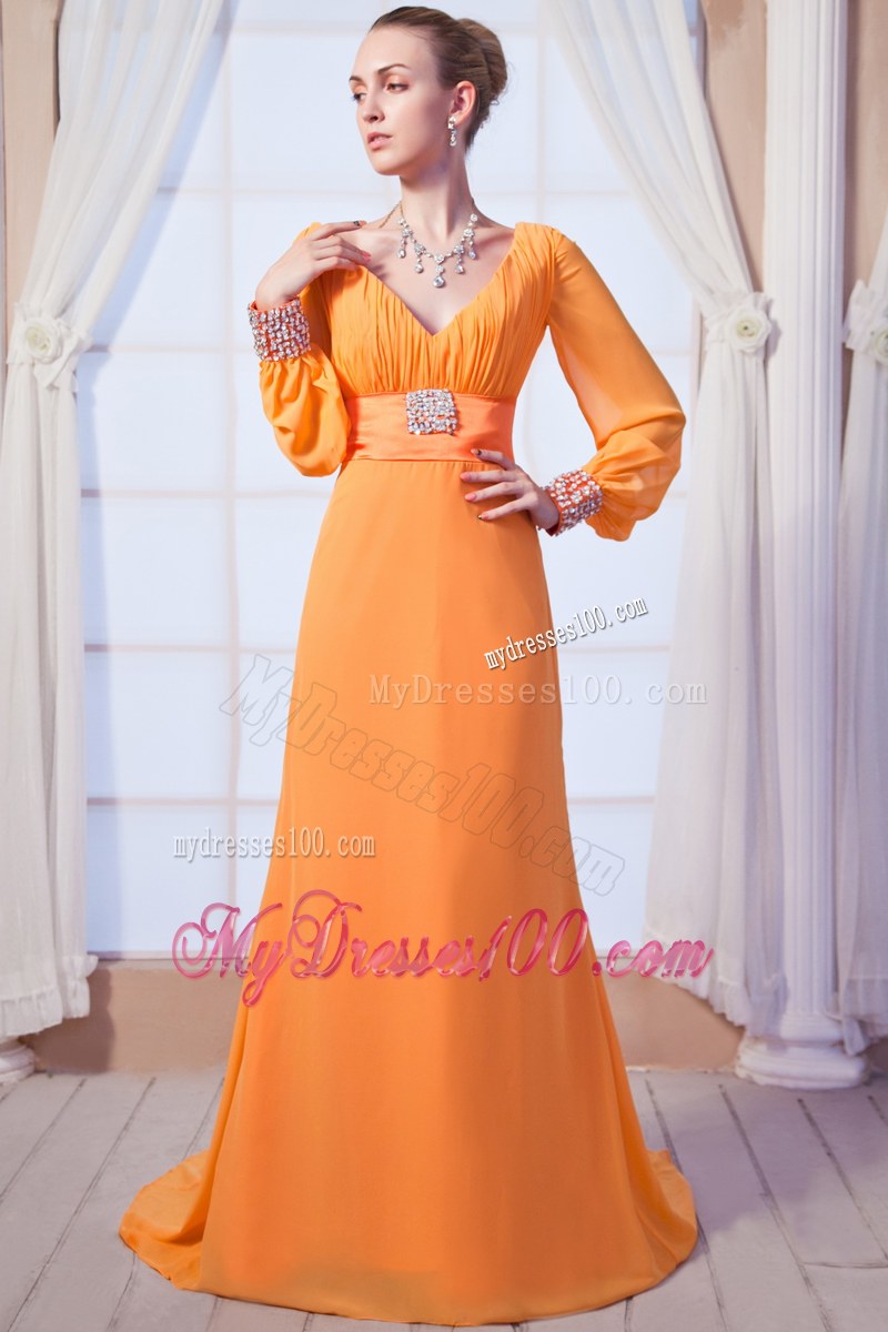 Orange Column Scoop Long Sleeves Beaded Floor-length Mother of the Bride Dress