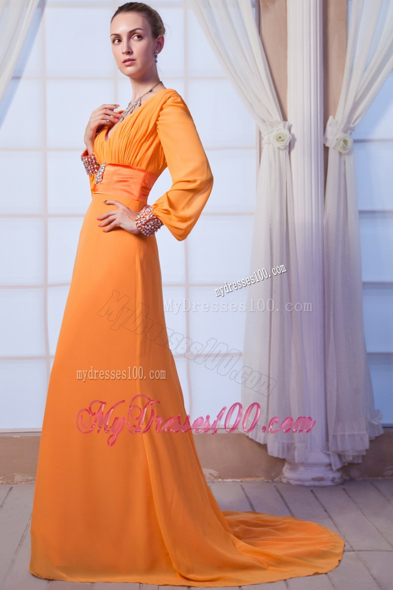 Orange Column Scoop Long Sleeves Beaded Floor-length Mother of the Bride Dress