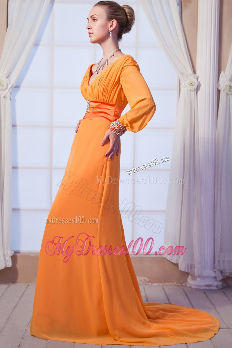 Orange Column Scoop Long Sleeves Beaded Floor-length Mother of the Bride Dress
