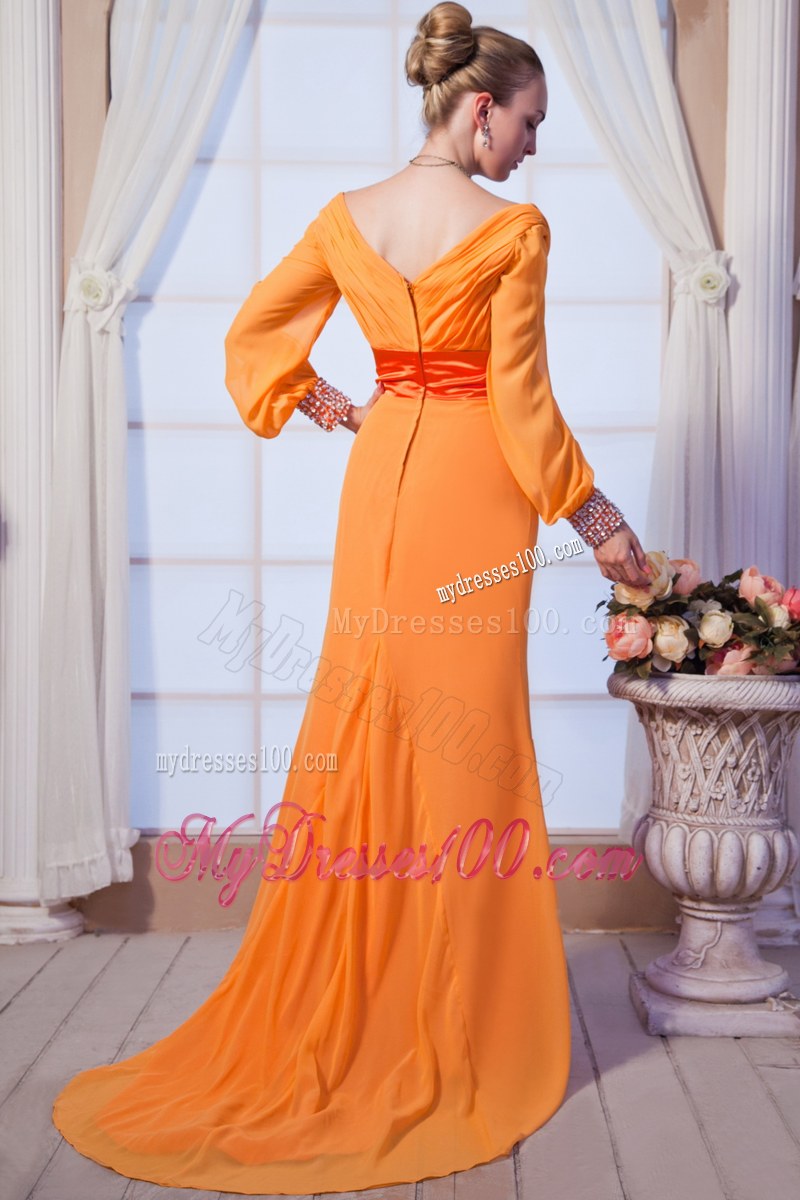 Orange Column Scoop Long Sleeves Beaded Floor-length Mother of the Bride Dress