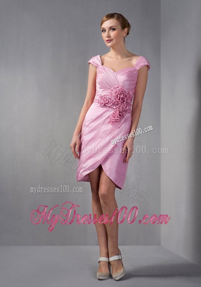 Rose Pink Column Cap Sleeves Ruched Hand Made Flowers Mother of the Bride Dress