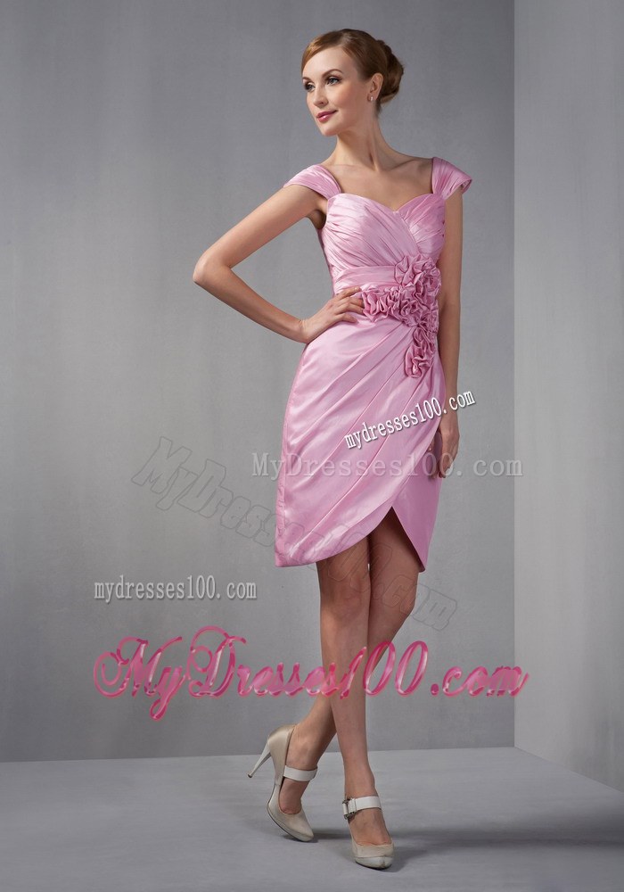 Rose Pink Column Cap Sleeves Ruched Hand Made Flowers Mother of the Bride Dress