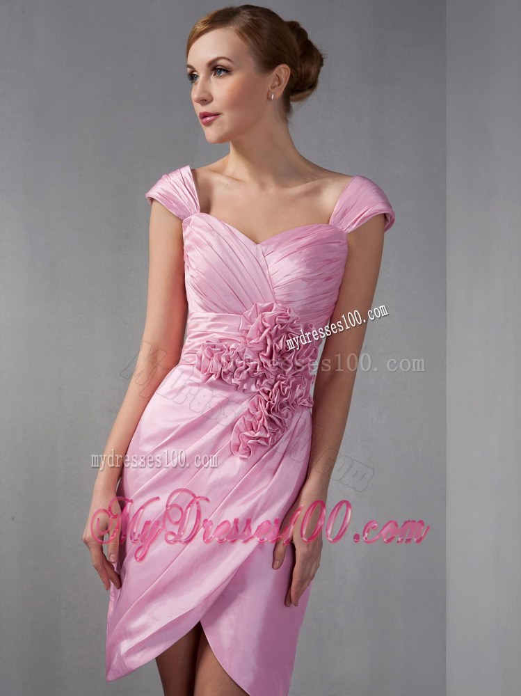 Rose Pink Column Cap Sleeves Ruched Hand Made Flowers Mother of the Bride Dress