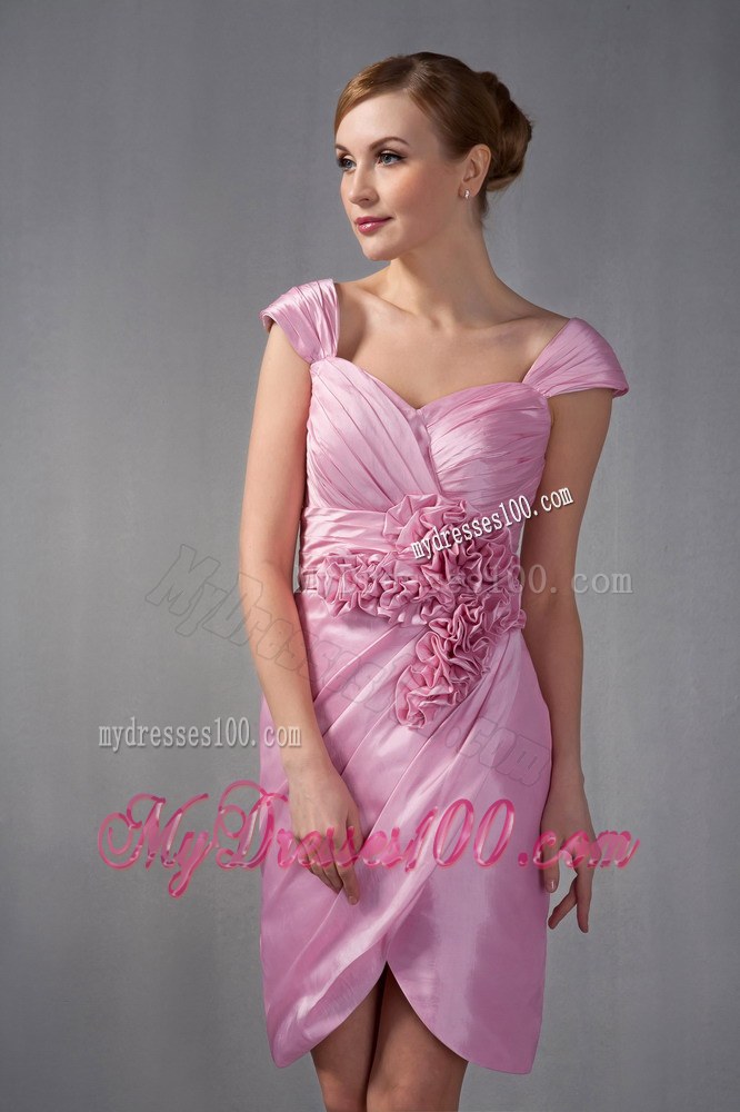 Rose Pink Column Cap Sleeves Ruched Hand Made Flowers Mother of the Bride Dress