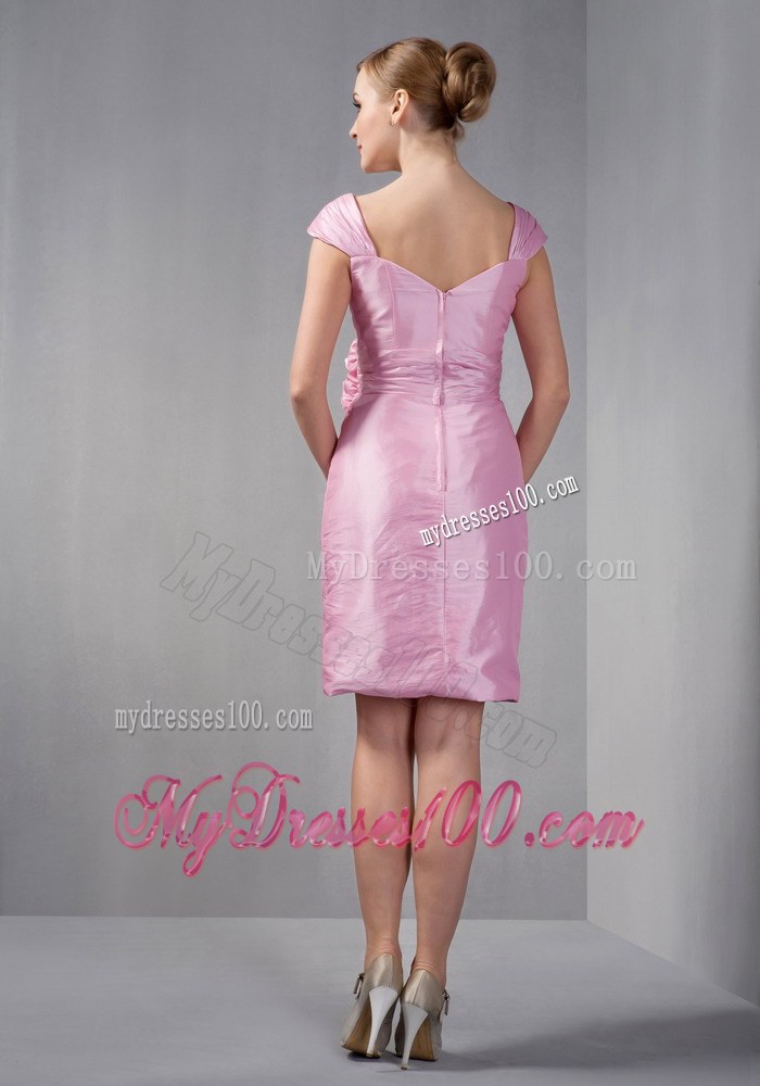 Rose Pink Column Cap Sleeves Ruched Hand Made Flowers Mother of the Bride Dress