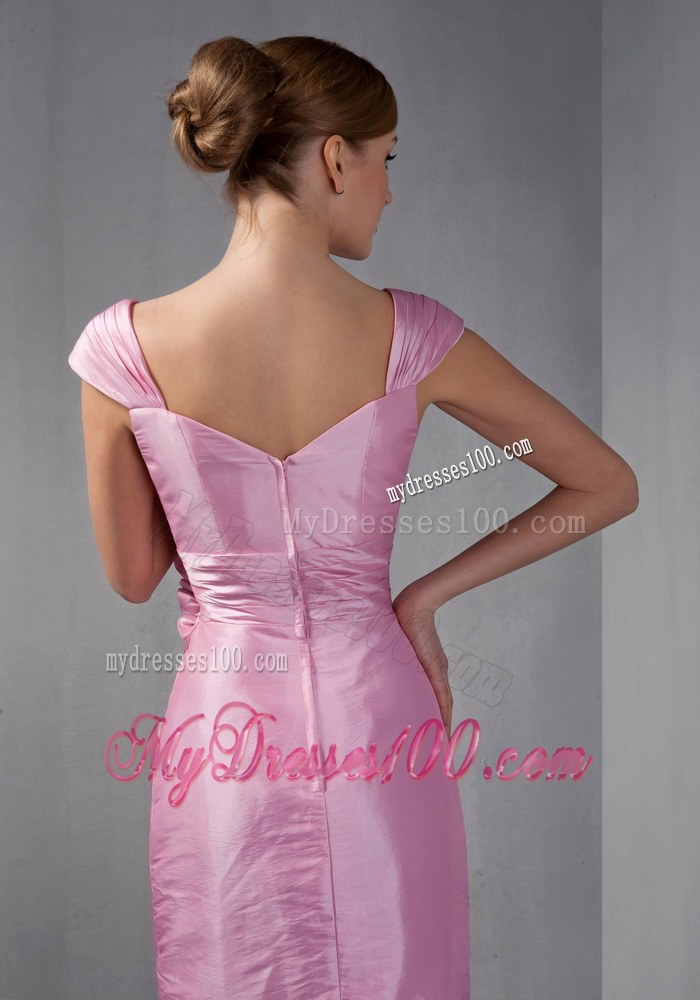 Rose Pink Column Cap Sleeves Ruched Hand Made Flowers Mother of the Bride Dress