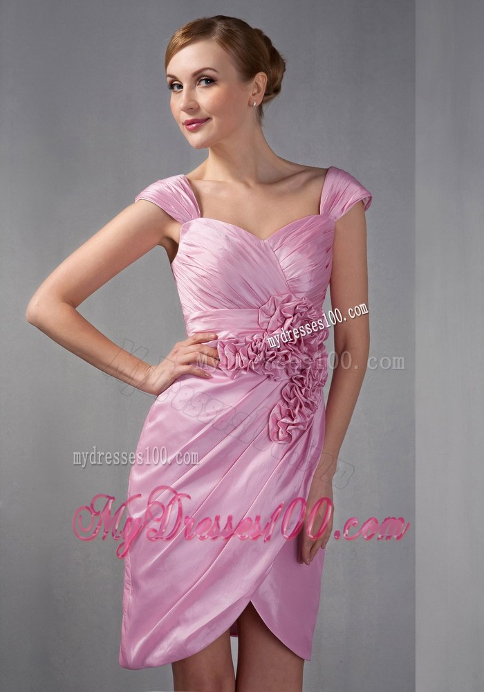 Rose Pink Column Cap Sleeves Ruched Hand Made Flowers Mother of the Bride Dress