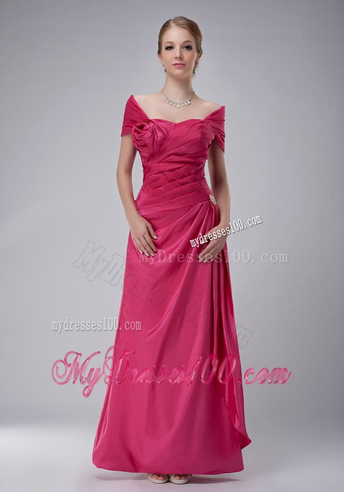 Rose Pink Column Off The Shoulder Ankle-length Ruched Mother Of The Bride Dress