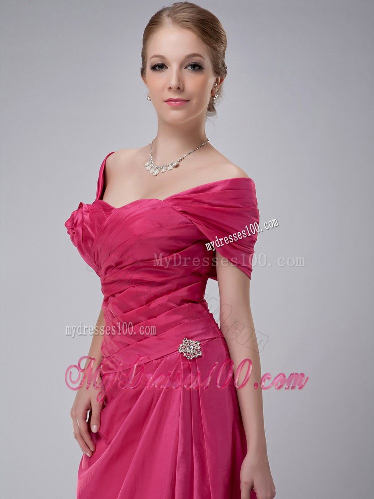 Rose Pink Column Off The Shoulder Ankle-length Ruched Mother Of The Bride Dress