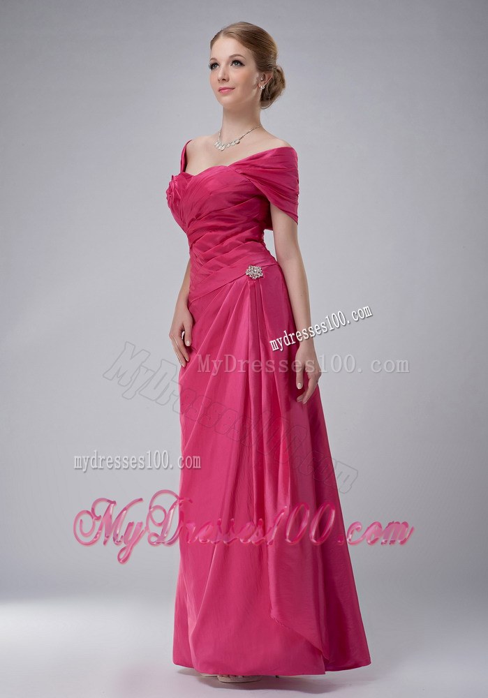 Rose Pink Column Off The Shoulder Ankle-length Ruched Mother Of The Bride Dress