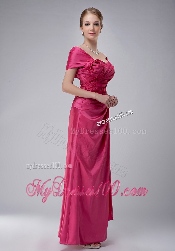 Rose Pink Column Off The Shoulder Ankle-length Ruched Mother Of The Bride Dress
