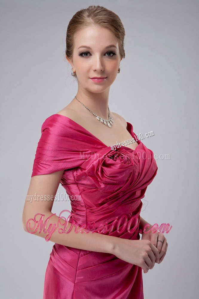 Rose Pink Column Off The Shoulder Ankle-length Ruched Mother Of The Bride Dress