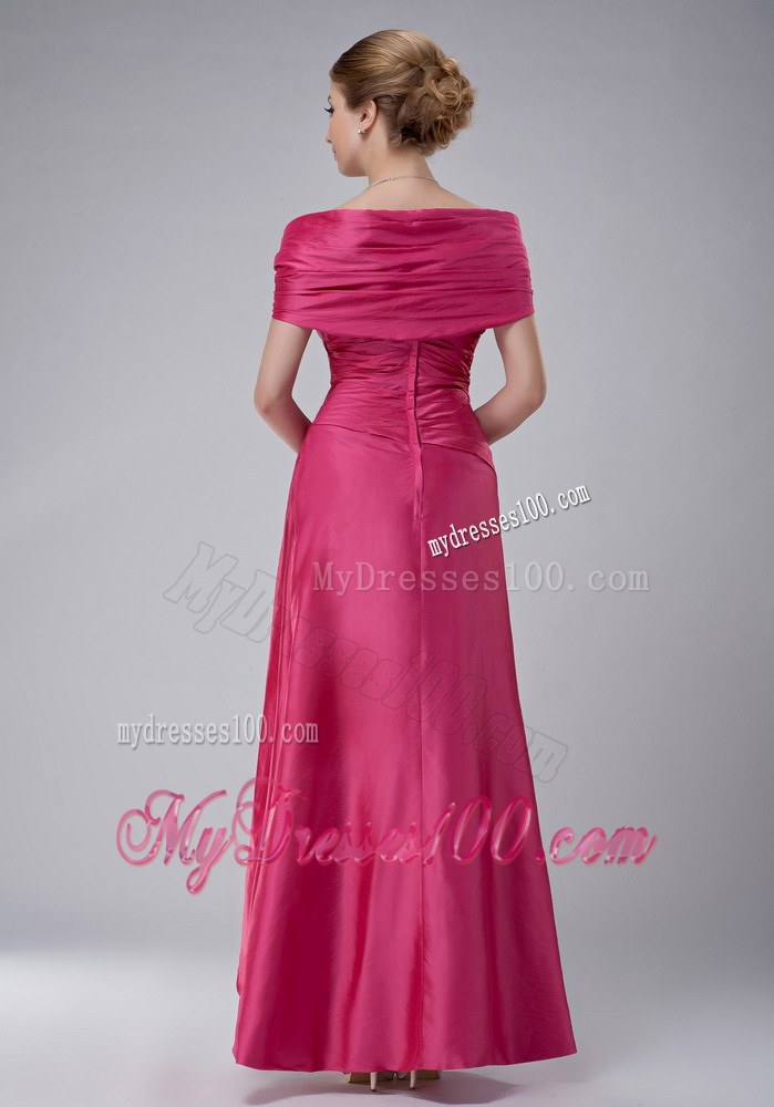 Rose Pink Column Off The Shoulder Ankle-length Ruched Mother Of The Bride Dress