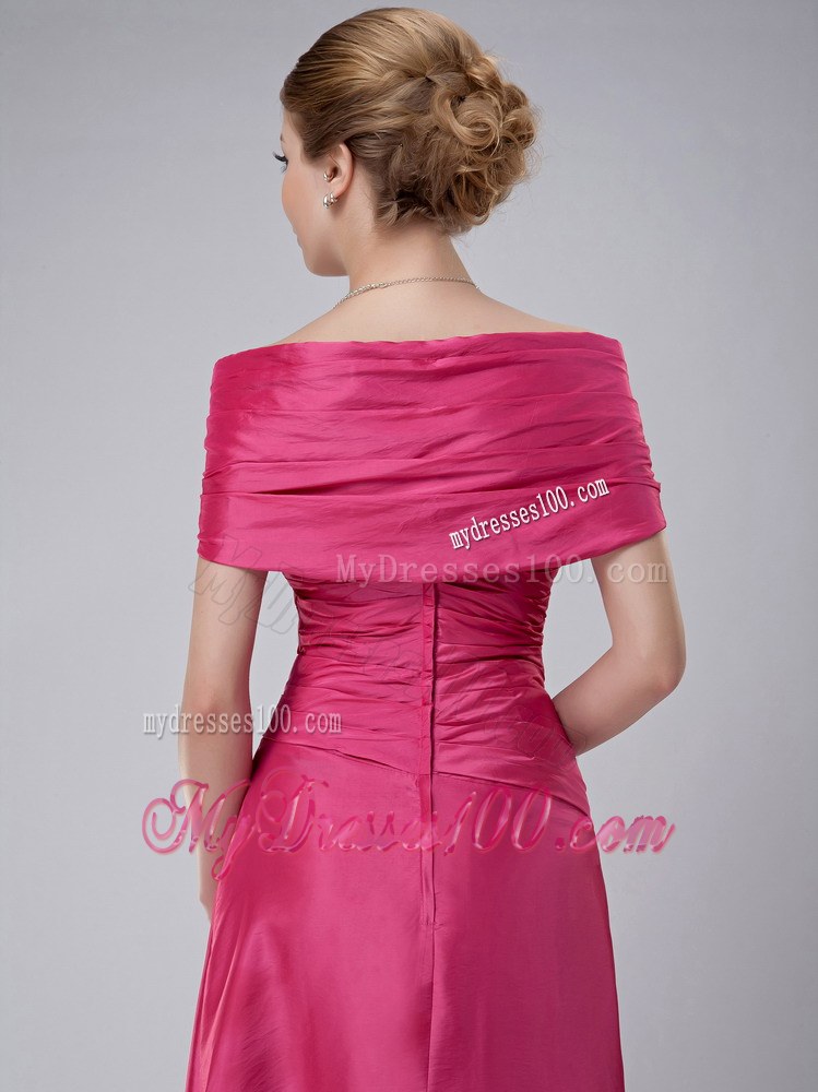 Rose Pink Column Off The Shoulder Ankle-length Ruched Mother Of The Bride Dress