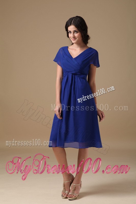 Beautiful Royal Blue Mother of the Bride Dress V-neck Ruching Knee-length