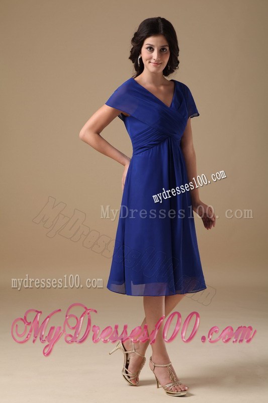 Beautiful Royal Blue Mother of the Bride Dress V-neck Ruching Knee-length