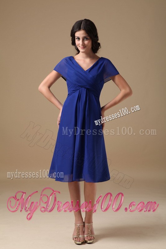 Beautiful Royal Blue Mother of the Bride Dress V-neck Ruching Knee-length