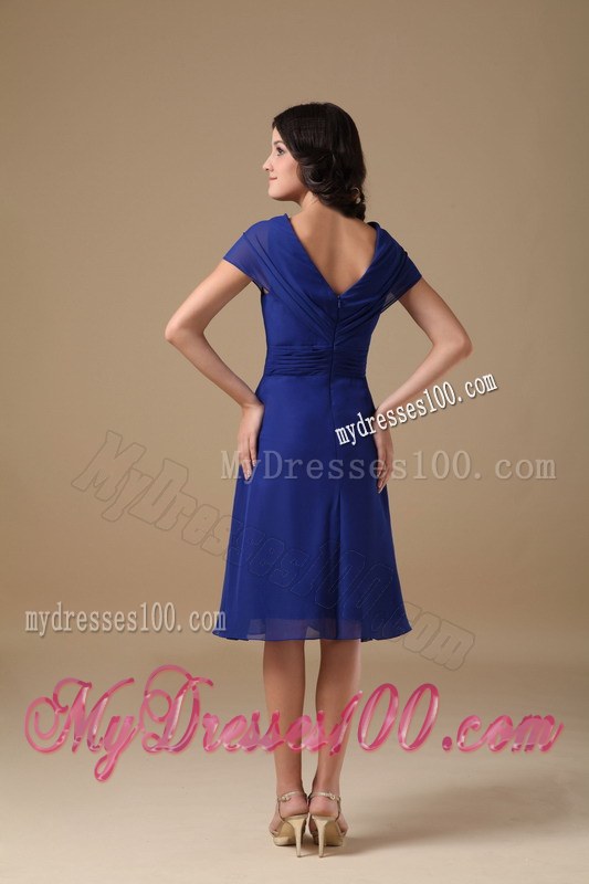 Beautiful Royal Blue Mother of the Bride Dress V-neck Ruching Knee-length