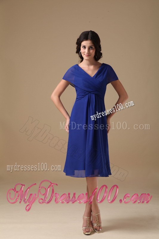 Beautiful Royal Blue Mother of the Bride Dress V-neck Ruching Knee-length