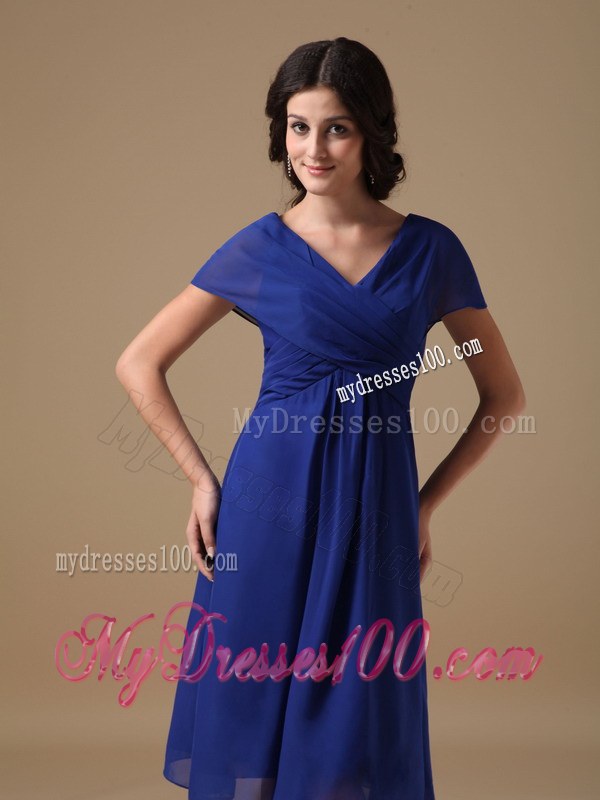 Beautiful Royal Blue Mother of the Bride Dress V-neck Ruching Knee-length