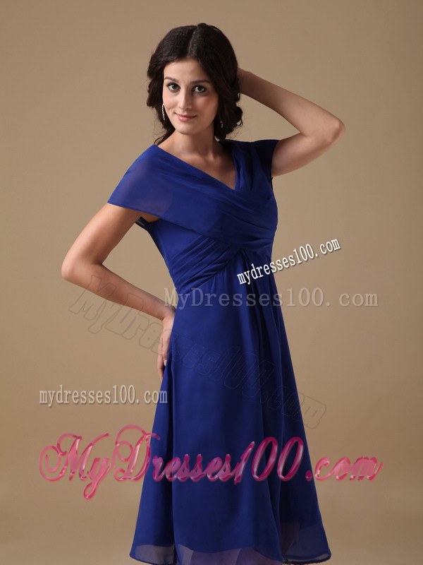 Beautiful Royal Blue Mother of the Bride Dress V-neck Ruching Knee-length