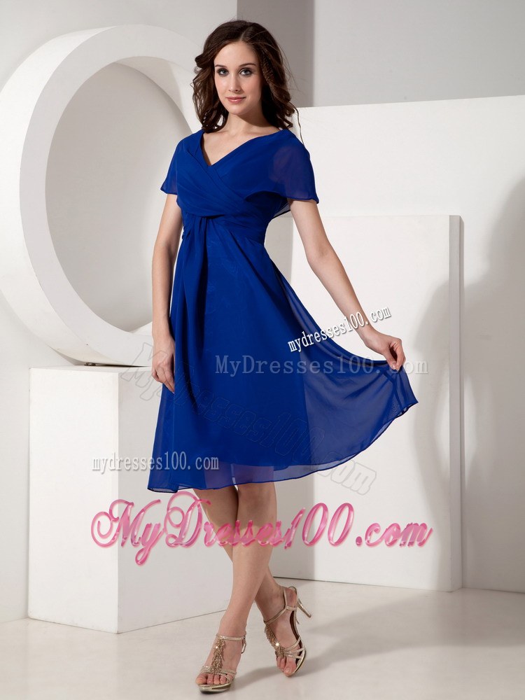 Elegant Royal Blue Mother of the Bride Dress Empire V-neck Ruched Knee-length