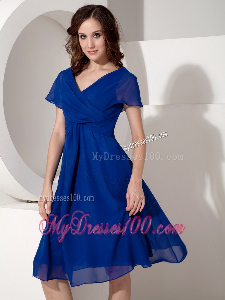 Elegant Royal Blue Mother of the Bride Dress Empire V-neck Ruched Knee-length