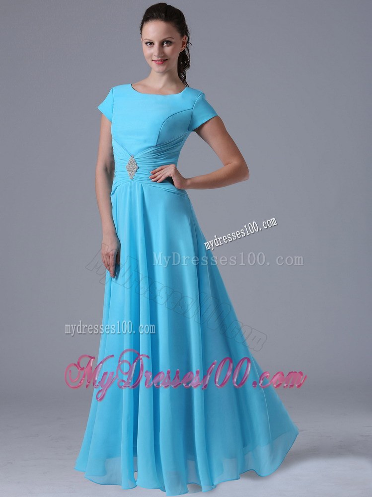 Dramatic Aqua Blue Scoop Pleated Wedding Guest Dress with Beading and Ruching