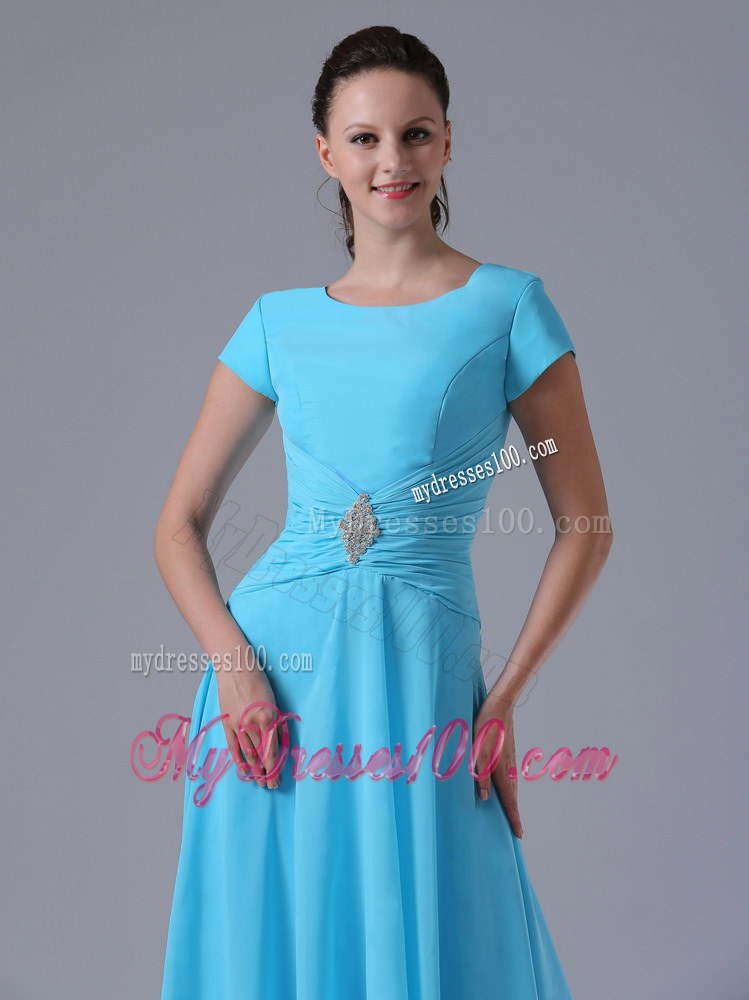 Dramatic Aqua Blue Scoop Pleated Wedding Guest Dress with Beading and Ruching
