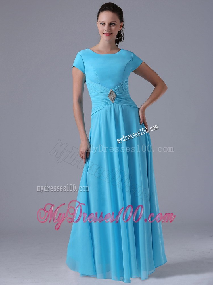 Dramatic Aqua Blue Scoop Pleated Wedding Guest Dress with Beading and Ruching