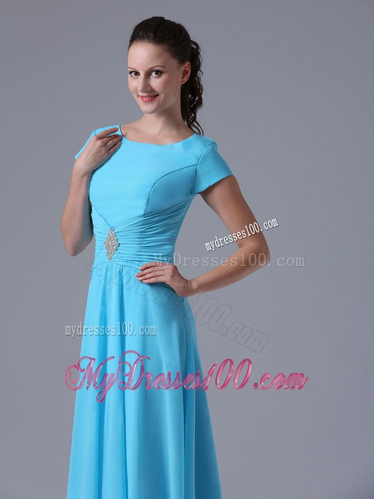 Dramatic Aqua Blue Scoop Pleated Wedding Guest Dress with Beading and Ruching
