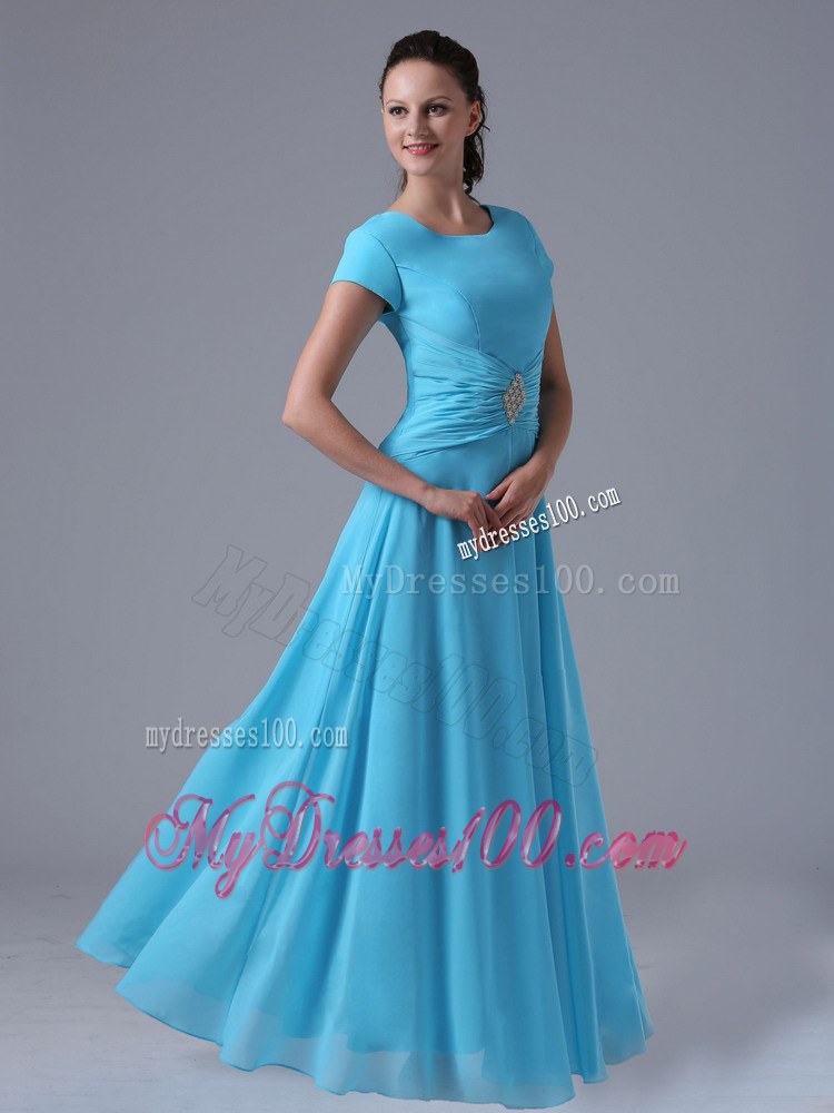 Dramatic Aqua Blue Scoop Pleated Wedding Guest Dress with Beading and Ruching