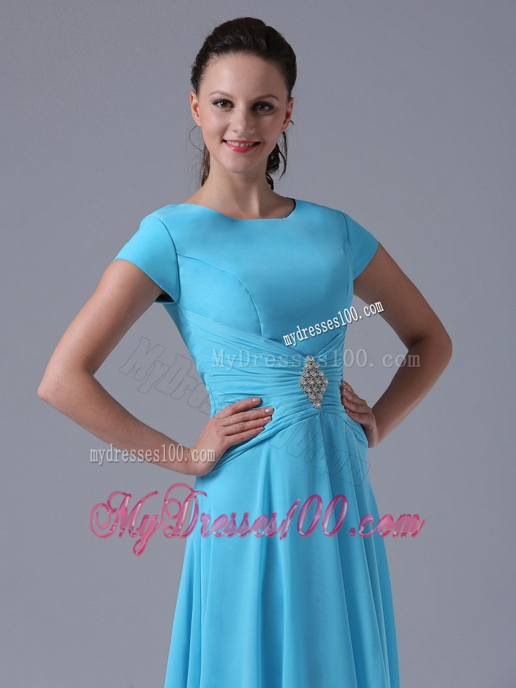 Dramatic Aqua Blue Scoop Pleated Wedding Guest Dress with Beading and Ruching