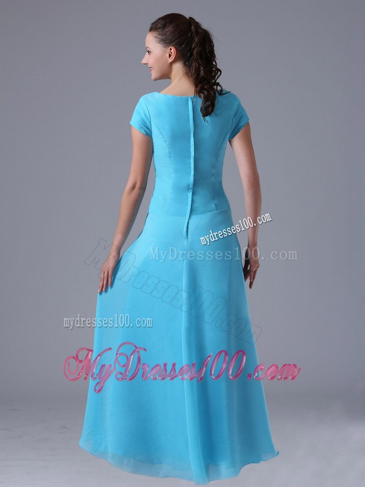 Dramatic Aqua Blue Scoop Pleated Wedding Guest Dress with Beading and Ruching