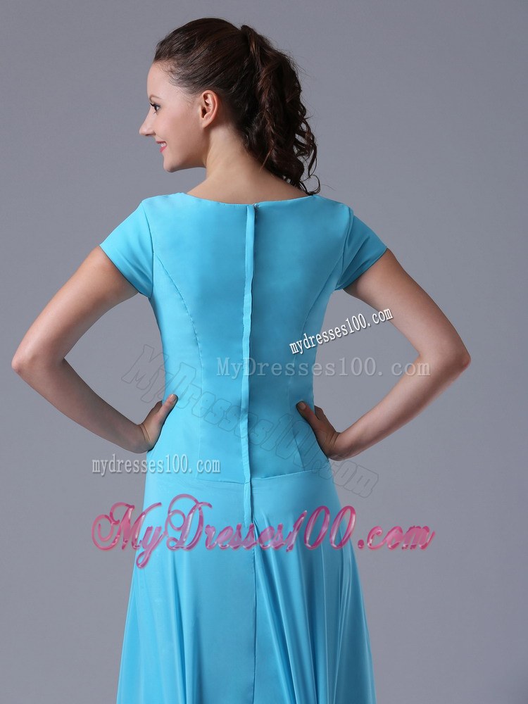 Dramatic Aqua Blue Scoop Pleated Wedding Guest Dress with Beading and Ruching