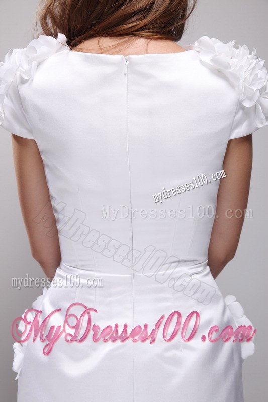 White Column Scoop Short Sleeves Mini-length Hand Made Flowers Wedding Guest Dress