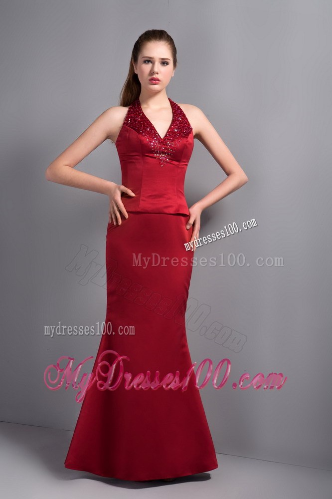 Popular Wine Red Mermaid Halter Top Wedding Guest Bridesmaid Dress with Beading