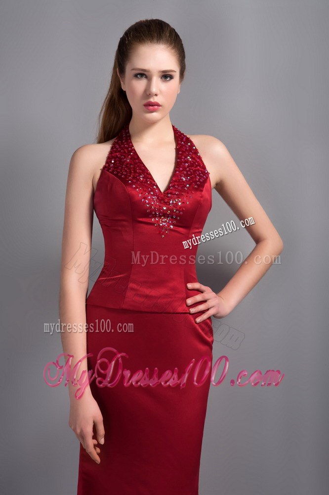 Popular Wine Red Mermaid Halter Top Wedding Guest Bridesmaid Dress with Beading