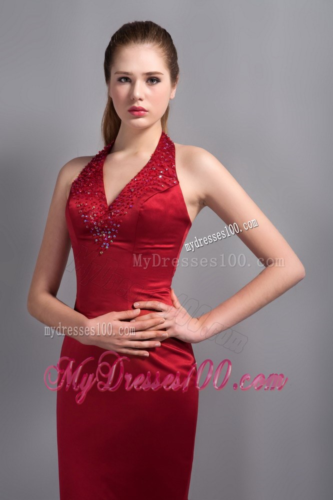 Popular Wine Red Mermaid Halter Top Wedding Guest Bridesmaid Dress with Beading